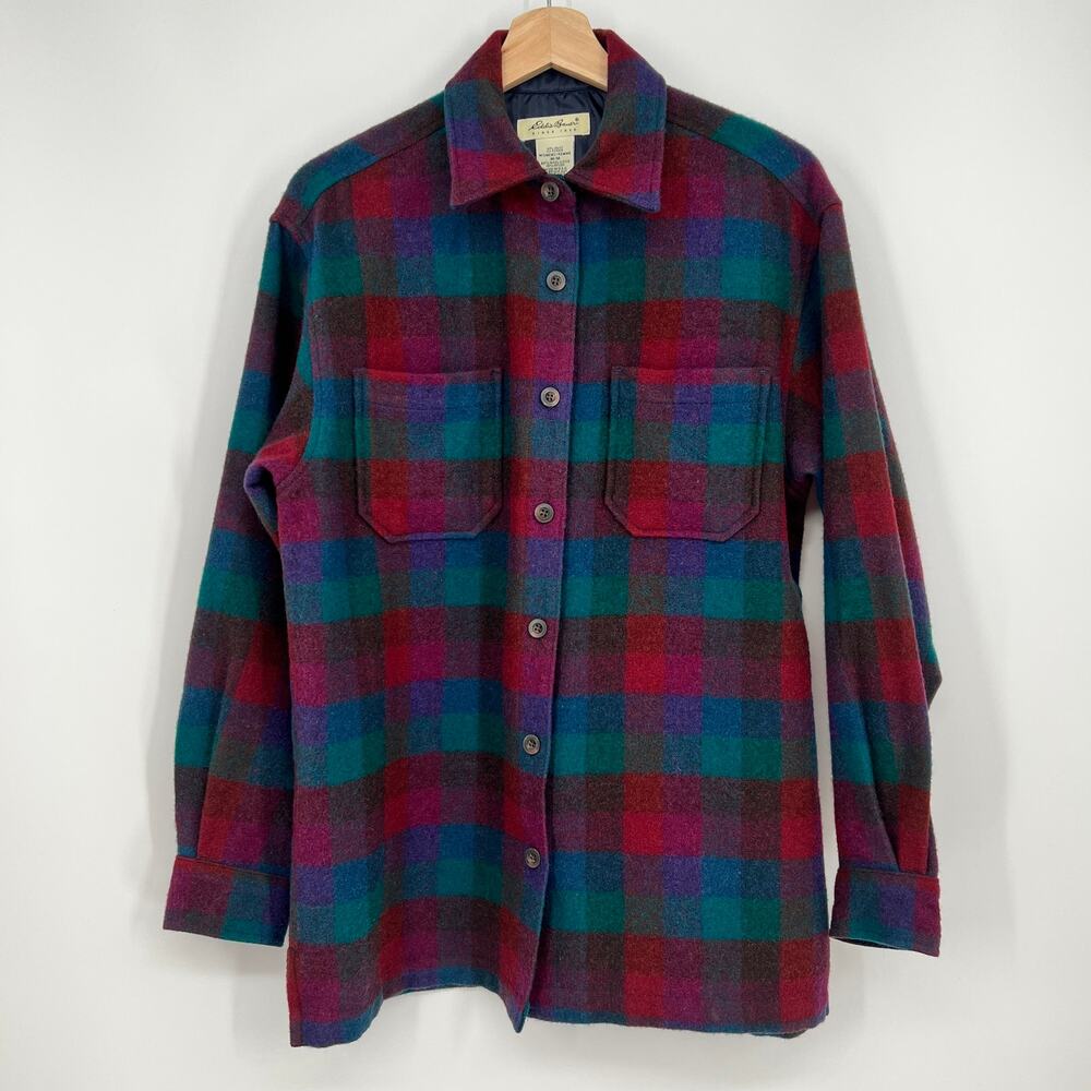 Eddie Bauer Wool Blend Button Shacket Shirt Women M Blue Red Multi Plaid Flannel